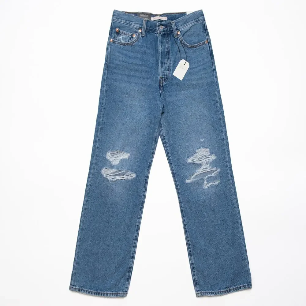 Levi's Ribcage Straight Ankle Jeans Distressed Cropped Size 28 - Picture 1 of 5